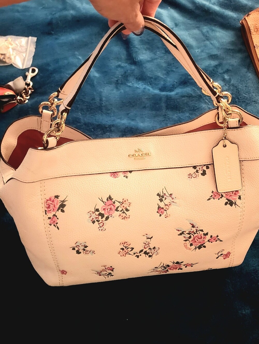 Coach Cream Floral Leather Shoulder Bag with Pink Roses